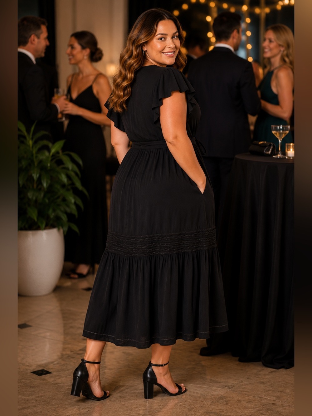Ava & Viv Black Flutter Sleeve Midi Dress 1X Tie Waist Pockets